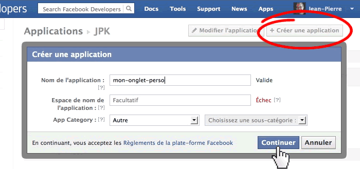 Dans le compte développeur Facebook, création de l'application