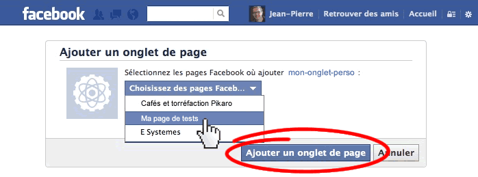 Sélection de la page facebook pour publier l'onglet personnalisé